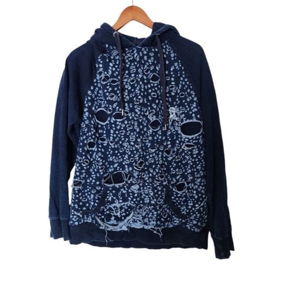 PRPS Goods Indigo Blue Distressed Hooded Sweatshirt 2XL Kangaroo Pocket Slim aci - Picture 3 of 16